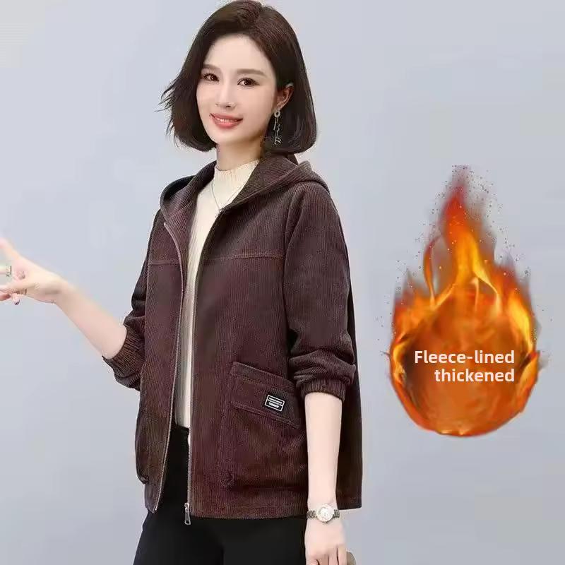 Thickened Corduroy Jacket Women's Casual Fleece-Lined Hooded Sweater Coat Warm Autumn Winter