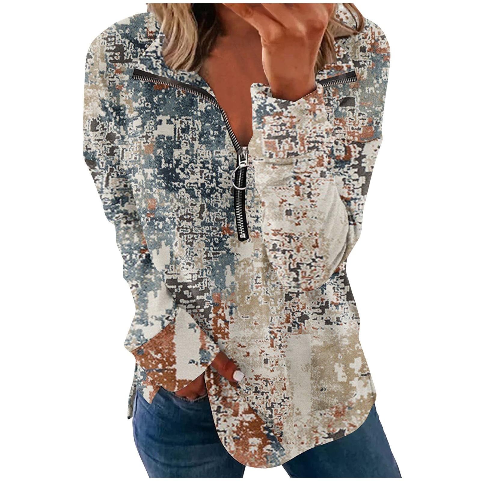 

Long Sleeve Zipper Shirts For Women Print Graphic Tees Blouses Casual Sweatshirt Tops Pullover XXL хакі