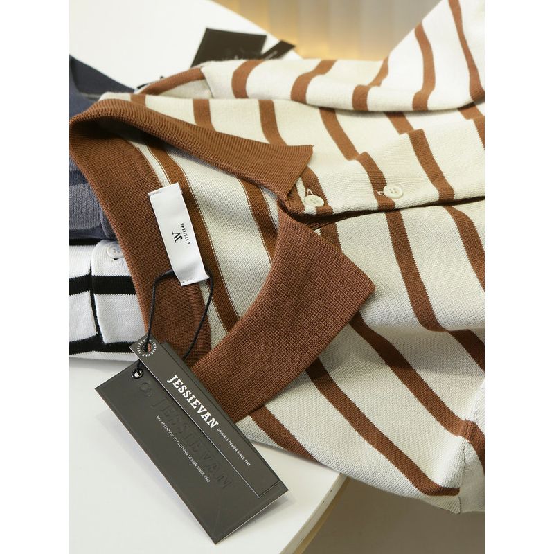 Cool Feeling Silk Light 389 + Foreign Trade Tail Goods Men's Summer Retro Lapel Striped Knitted Short Sleeve Polo Shirt
