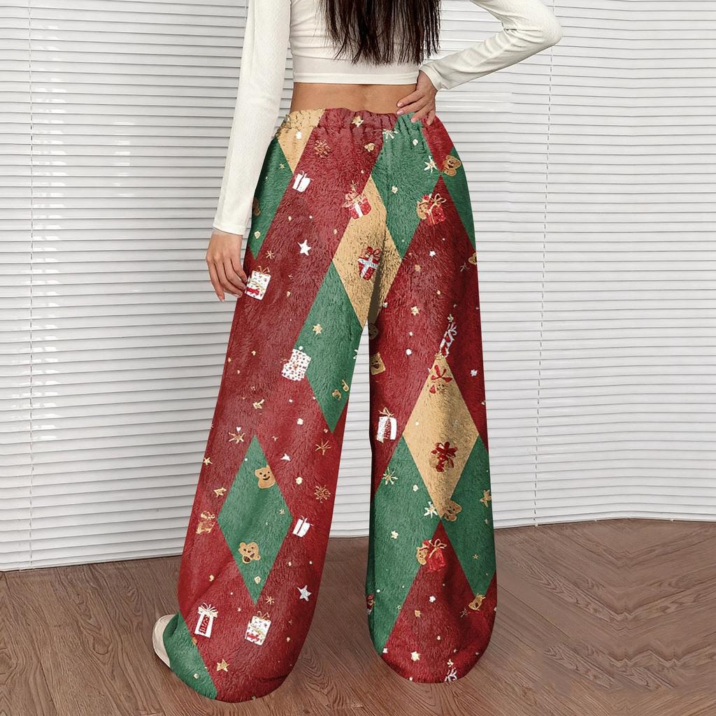 Women's Casual Fashion Christmas Print Elastic Waist Loose Plush Wide Leg Pants