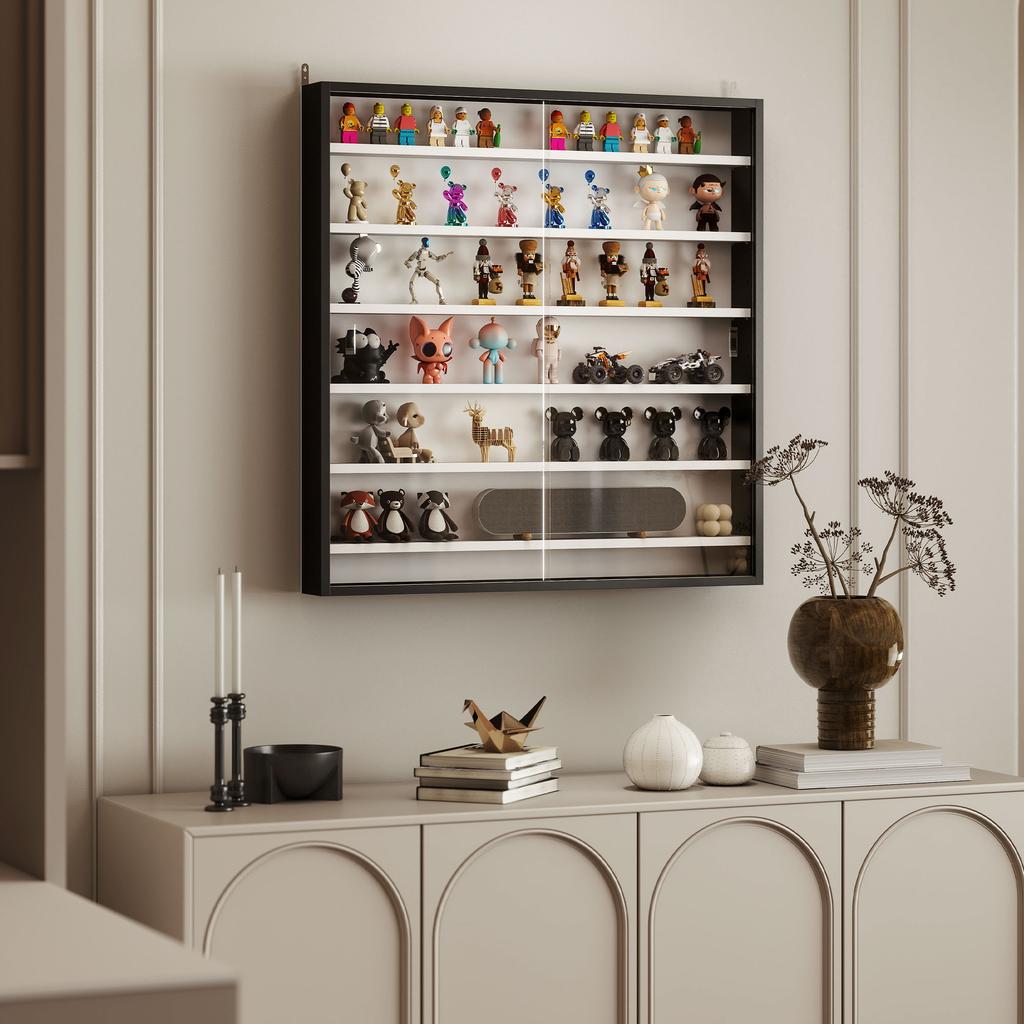 Wall-Mounted Display Case, 6 Adjustable Shelves, 2 Sliding Glass Doors, 80 x 9.5 x 83 cm