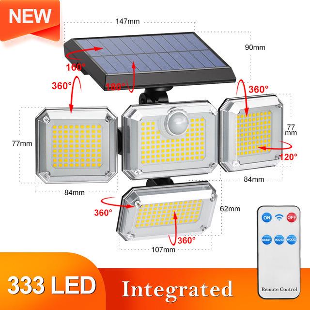 Lámpara de Pared Solar Giratoria de Triple Cabezal 138LED con Sensor de Movimiento para Iluminación Exterior, Jardín, Garaje y Calle