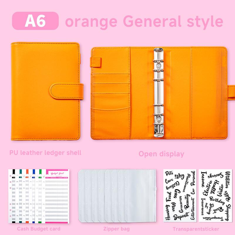 A6 PU Leather Six-Ring Loose-Leaf Binder with Zipper Pockets and Planner