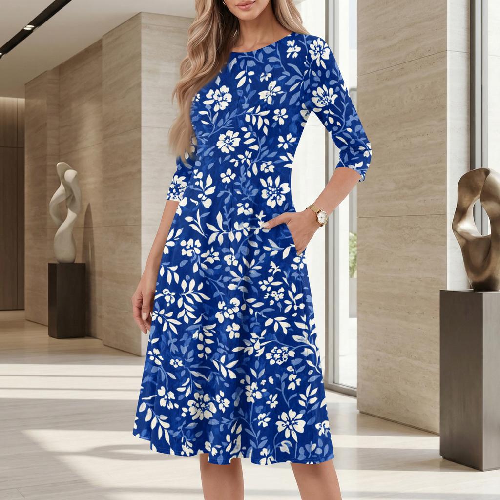 Women's Casual Fashion Round Neck Three Quarter Sleeve Printed Midi Dress