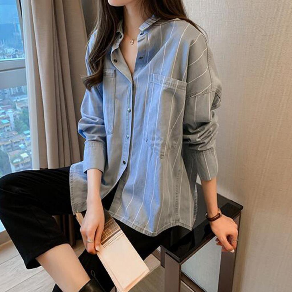 Women's Fashion Striped Denim Long Sleeve Loose Blouse Design Top