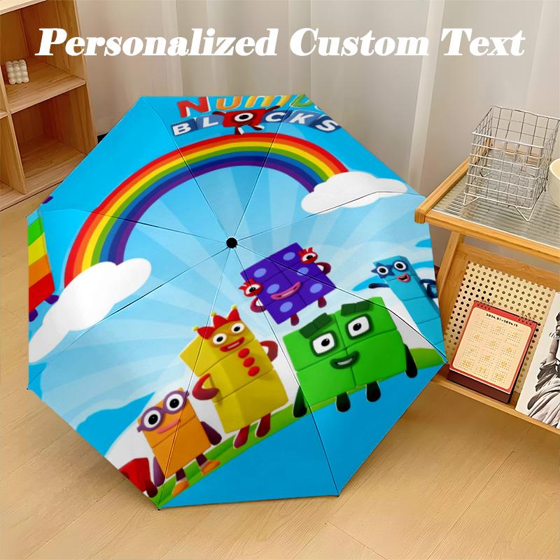 Windproof Folding Umbrella, 8‑Rib Auto Open Close Numberblocks Umbrella for Rain Sun Protection