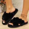 Women's Plush Fuzzy Cross Strap Slippers-Non-slip Soles Cosy Indoor House Shoes, Plush Lined Floor Slippers