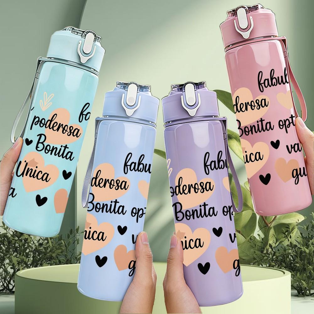 1PC Blessing Text Quote Pattern 750ml Color Plastic Sports Water Bottle Leakproof Flip Straw Lid Suitable for Sports Office Home Use