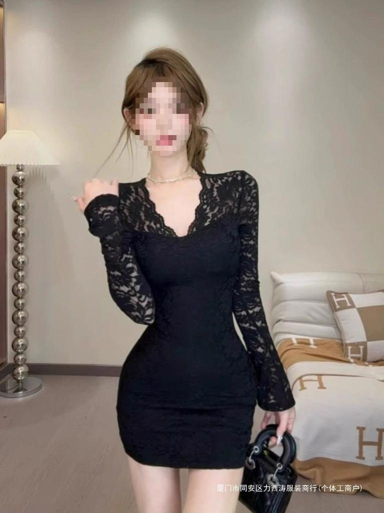 Spring 2025 Womens Lace Bodycon Dress With V Neck Long Sleeve For Elegant Office Wear