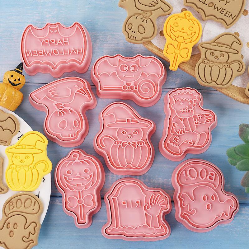 Halloween Cookie Mold 8pcs Set Cartoon Cookie Cutters Pressable Biscuit Mold Confectionery Stamp Baking Pastry Bakeware Tools