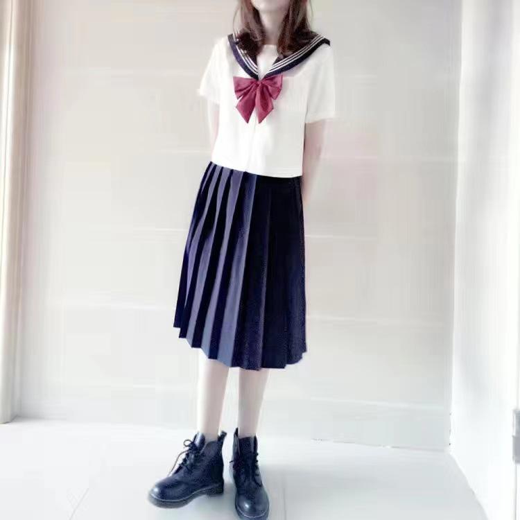 Japanese JK Uniform Set: White Three-Striped Skirt & Short-Sleeve Top, Summer Mid-Length, Classic School Style, Plus Size Available.