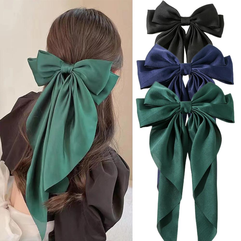 Korean Accessories Hair Clips for Women Girls Big Bowknot Solid Satin Long Ribbon Bows Spring Clamp Barette Cheveux Femme 2026
