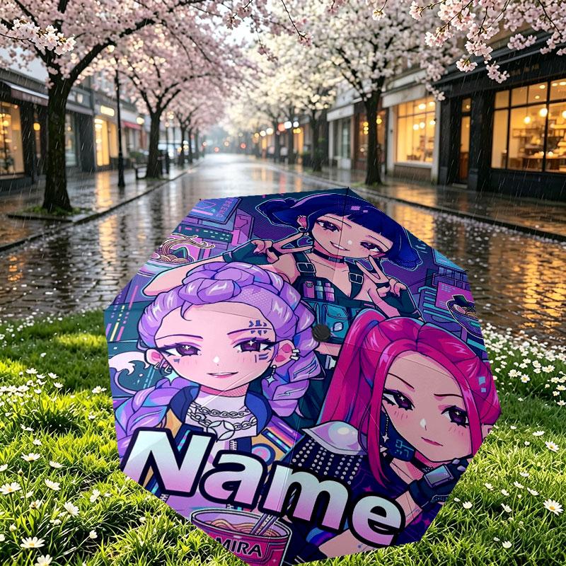 Custom Name Personalized Demon Hunters Kpop Print Umbrella, Auto Open Close, 8‑Rib Sturdy Frame, Commute Camping Hiking Use, Birthday Gift