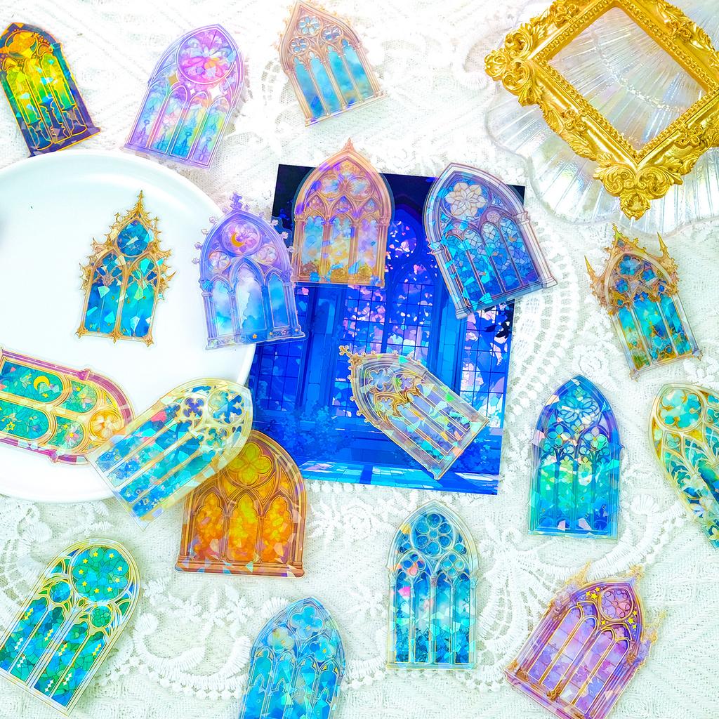 30 Sheets Bronzing Cathedral Theme Transparent Pet Stickers Creative Design Diy Material Decoration