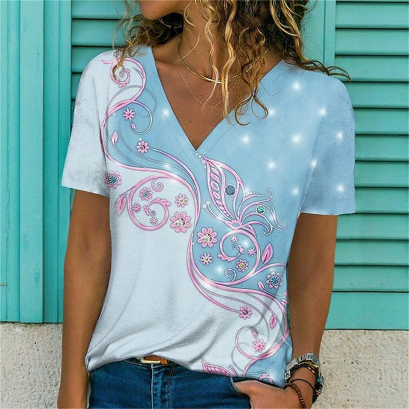 Léto Ženy Krátký rukáv Tričko s výstřihem do V pro ženy Bílá Móda Dámské Tričko 3d Potisk vážky Top Neformální oblečení