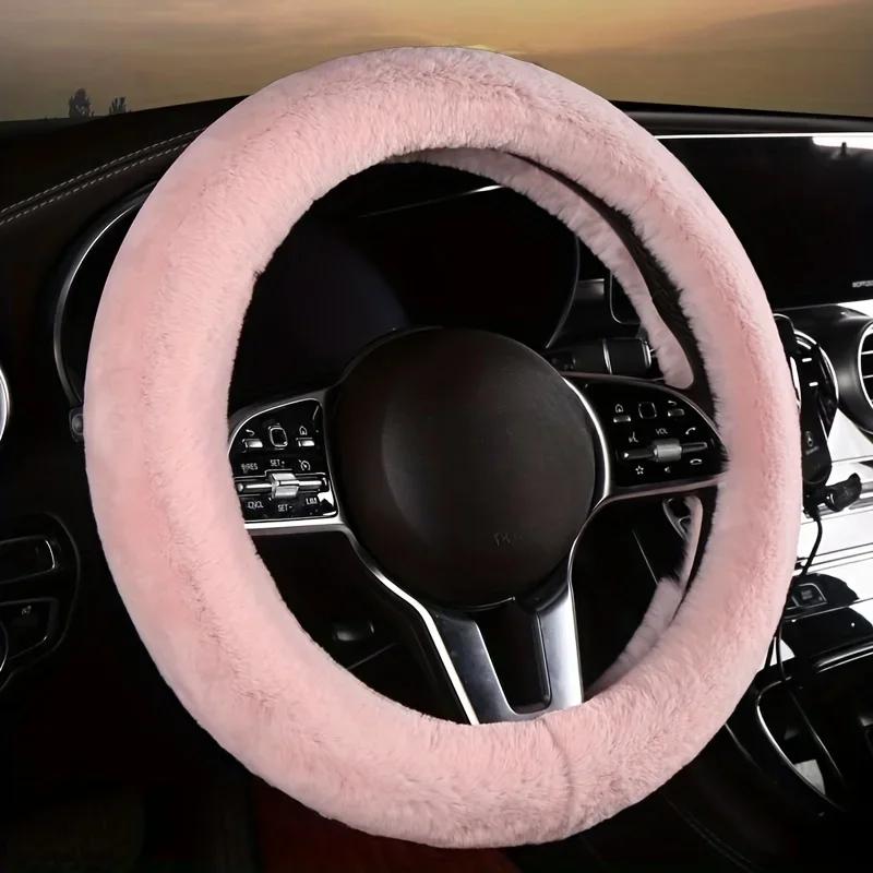 

Warm Soft Plush Winter Car Steering Wheel Cover 38cm Universal Warm Super Thick Black Pink Red Women Man Auto Accessories рожевий