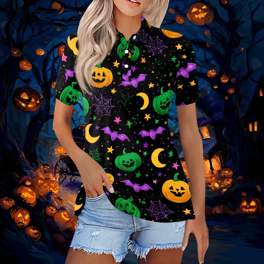 Women's Short Sleeve Button Down Collared Top with Halloween Print - Casual Fashion Blouse with Side Slits