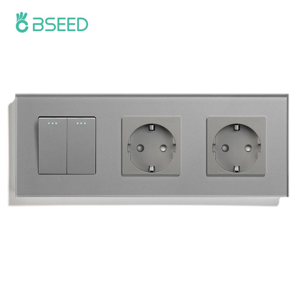 BSEED 1/2/3Gang Mechanical Light Switches 1Way Plus Wall Socket Type-c USB Power Outlets Crystal Glass Frame EU Standard Gray