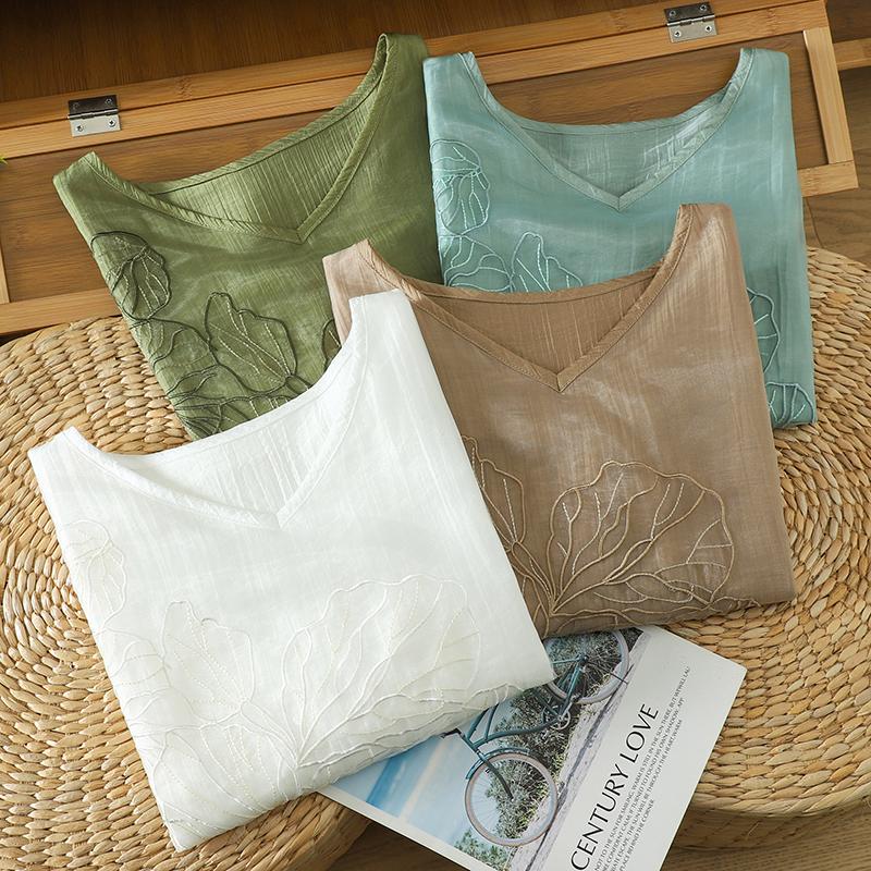 DIMANAF 2026 Women Plus Size New Summer Blouse Shirt Short Sleeve Casual Loose Lady Tops Shirts Linen Embroidery