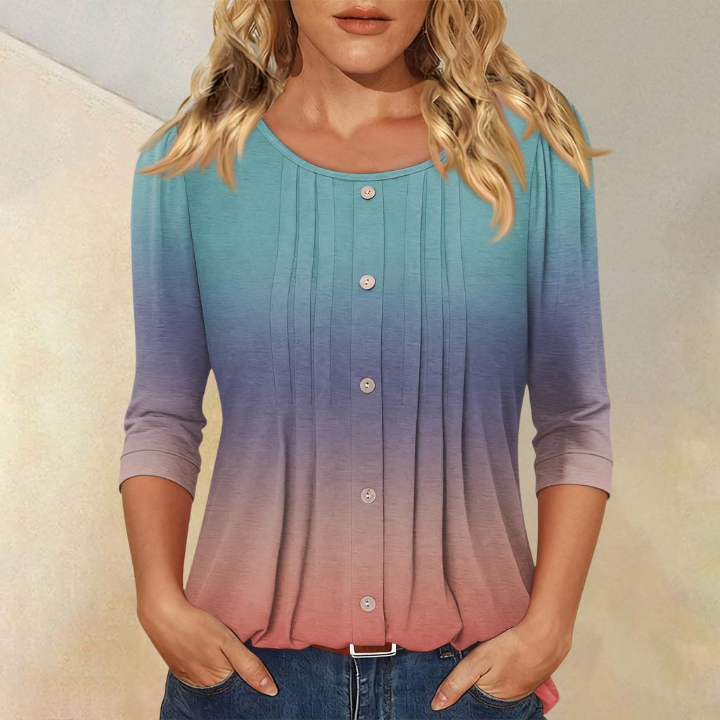 Women's Fashionable Casual Three-quarter Sleeve Button Gradient Round Neck Top