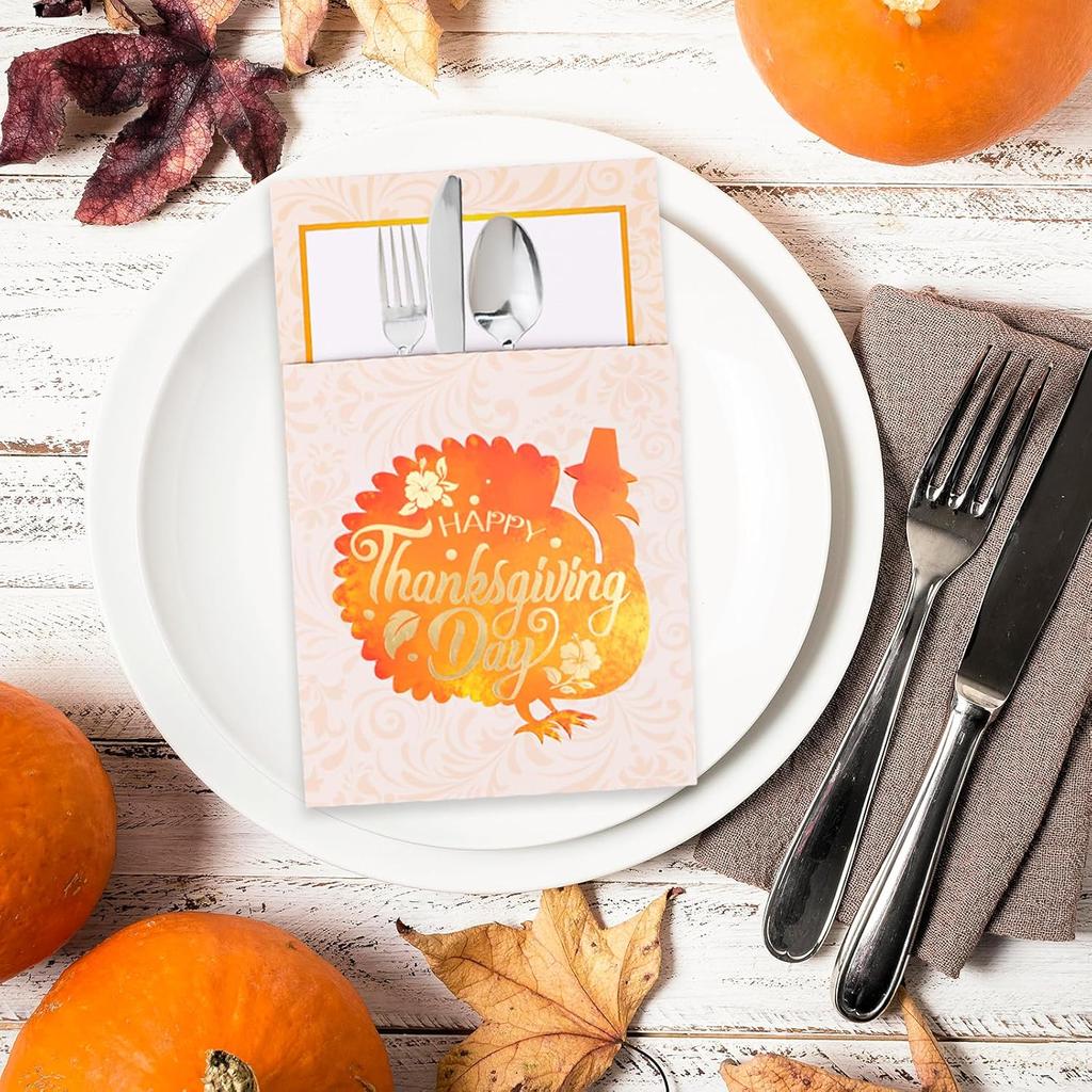 FOIMAS Thanksgiving Cutlery Holder,24 Pack Pumpkin Turkey Cutlery Utensil Holders for Fall Thanksgiving Harvest Party Dinner Table Decoration Supply