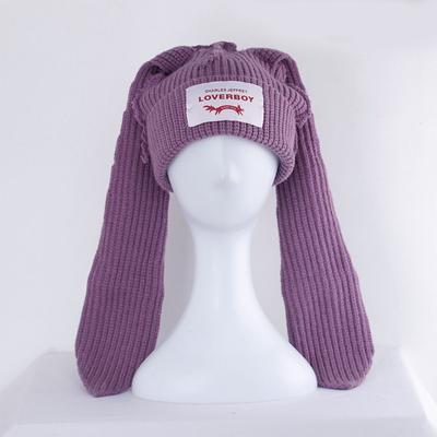 Gehäkelte Strickmütze Skullies Beanie Langohrmütze Niedliche Häschenmütze Hasenohrenmütze Damen Herbst Winter Warm Lustige Mütze