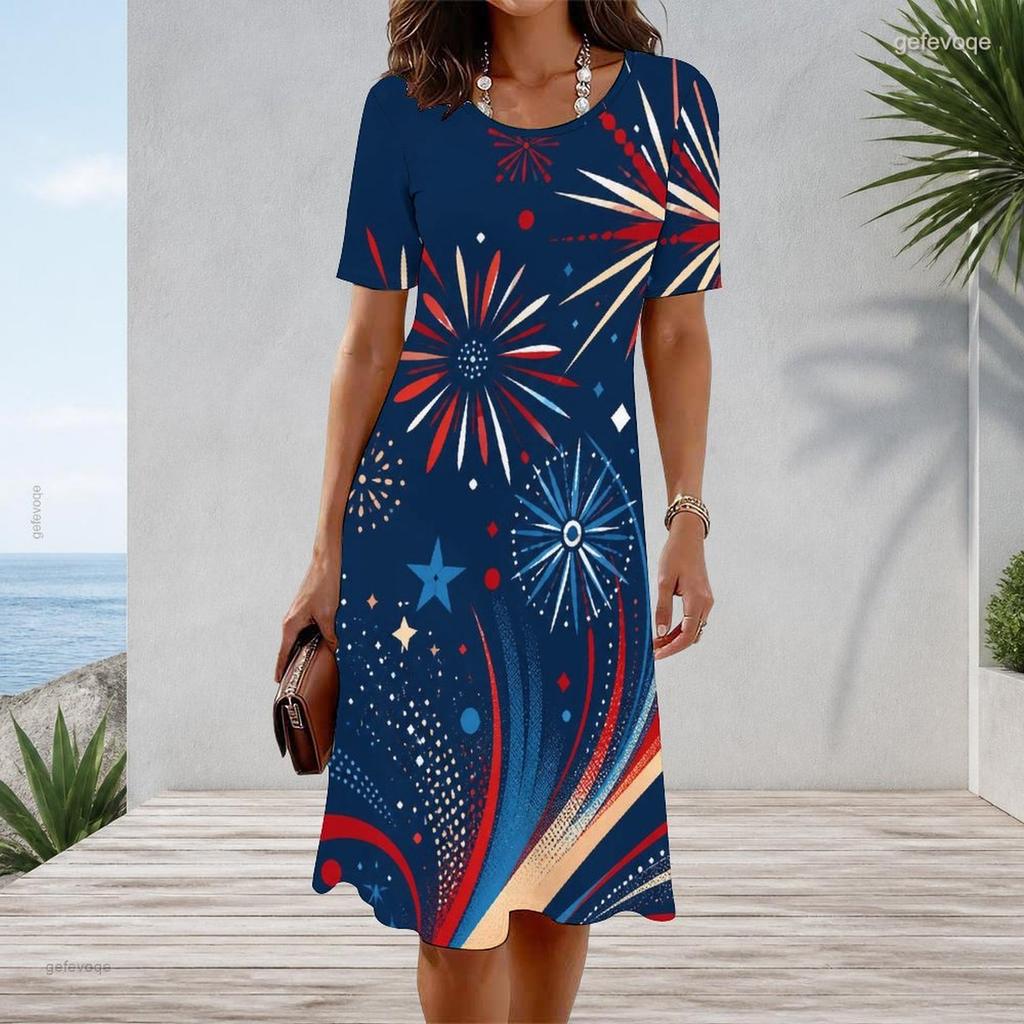 Women Plus Size Round Neck Short Sleeve Printed A Line Flared Hem Dress