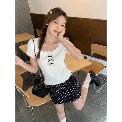 Ballet Style Lace Short-sleeved T-shirt for Women In Summer Pure and Sexy Little Girl Bow Top