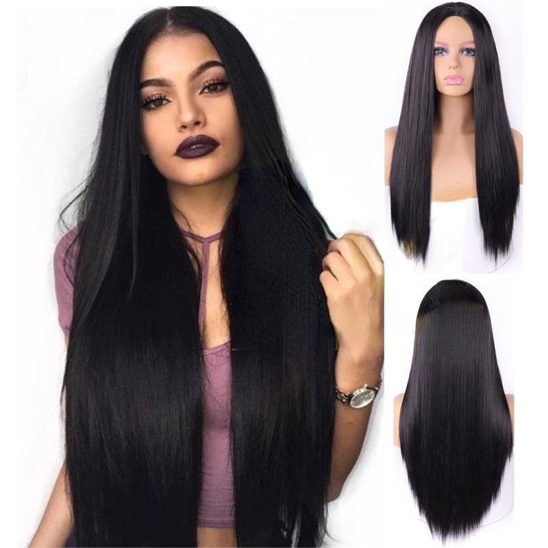 

Красивые длинные прямые волосы Черный синтетический парик для женщин