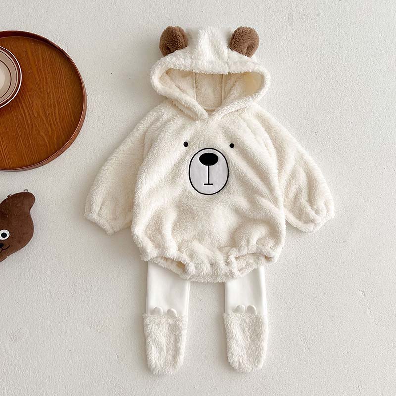 

Детская одежда Милый медведь Детский комбинезон осень зима плюс бархатный с капюшоном комбинезон мягкие теплые топы брюки комплект одежды для малышей 80CM бежевый