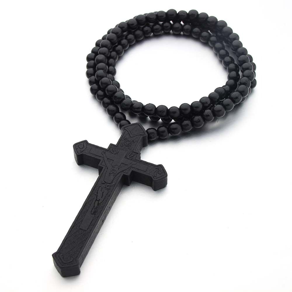 Religious Wood Beads Necklace Wood Crucifix Pendant Chain Handmade Rosary Necklace  Church