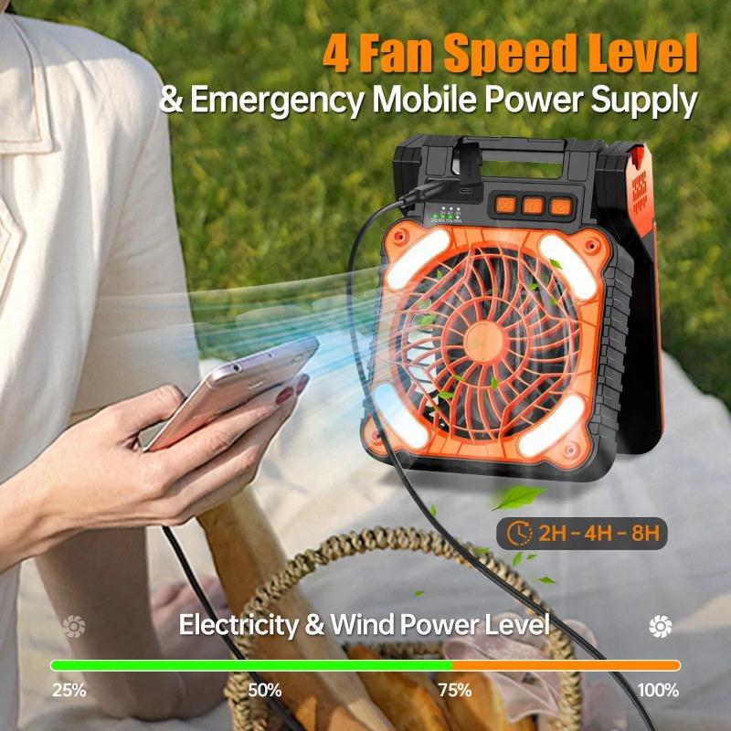Solar Powered Fan for Camping Portable Rechargeable for Gazebo with LED Light & Timer 4 Speed Cordless Battery Powered for Outdoor Stay Cooling Orange