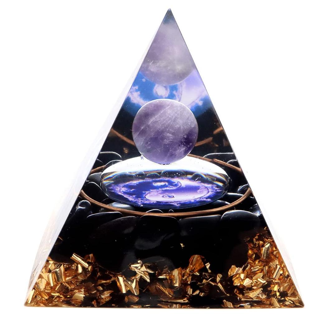 Orgonite pyramid ornament natural stone power stone purification obsidian gravel amethyst round ball tai chi [GOLD STONE]