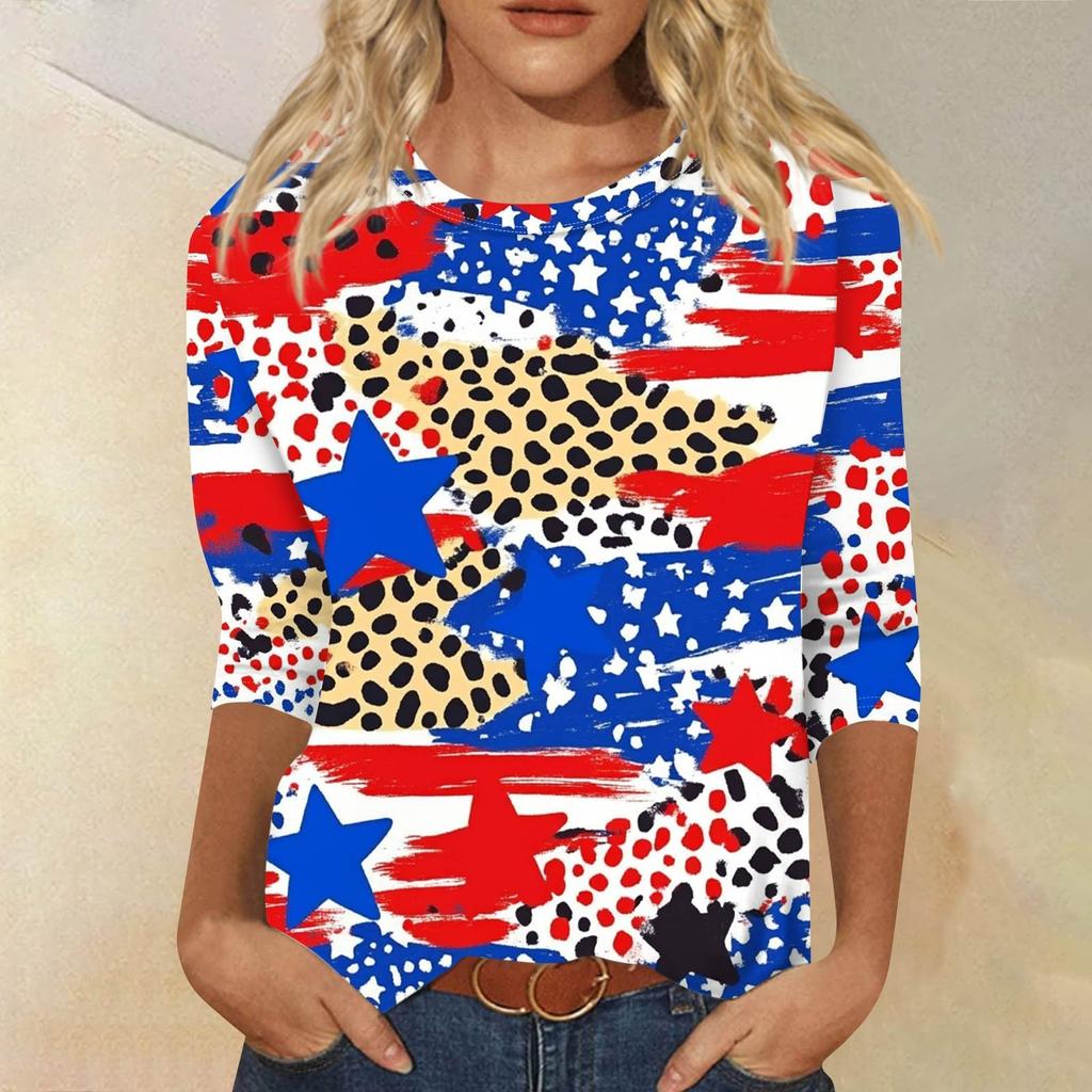 Dammode avslappnad rund hals 3/4 ärm lös tryckt T-shirt dam topp