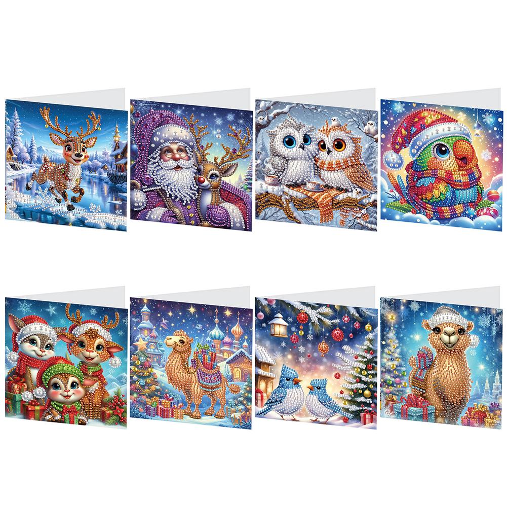 8Pcs Christmas Diamond Handmade Card Rhinestone Painting Card Kit Diamond Painting Greeting Card for Holiday Party Favors