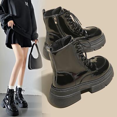 2025 Spring New British Martin Boots Wear Fashion Sleeve Thick-soled Patent Leather Short Boots Velvet W19500