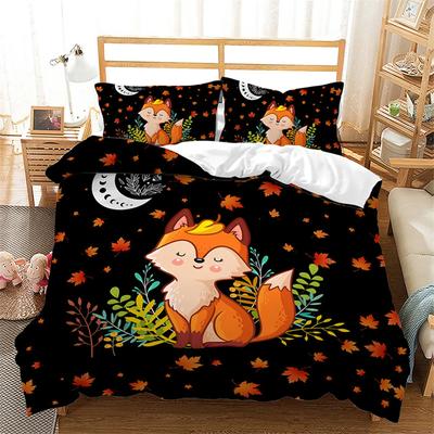 Cartoon Fox Duvet Cover Kawaii Animal Autumn Leaves Maple Leaf Theme Woodland Animals for Kids Women Girls Bedroom Decoration