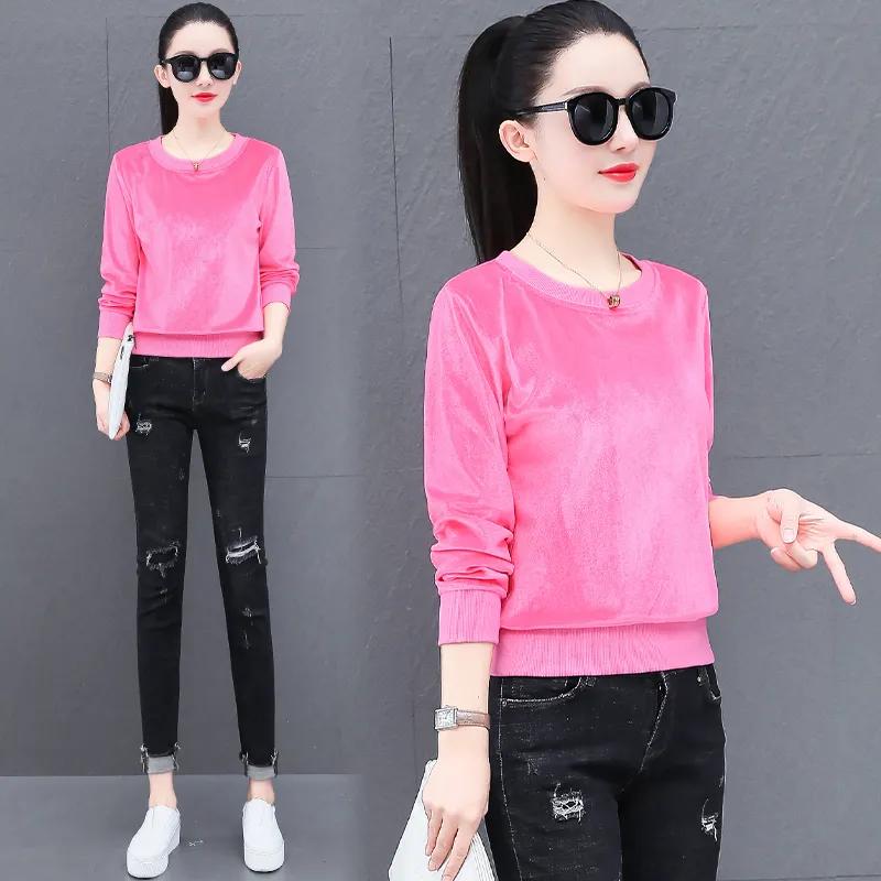 Rundhals Baumwollpullover Damen Frühling Herbst und Winter Koreanische Mode Locker Alleskönner Kurz Langärmeliges Oberteil