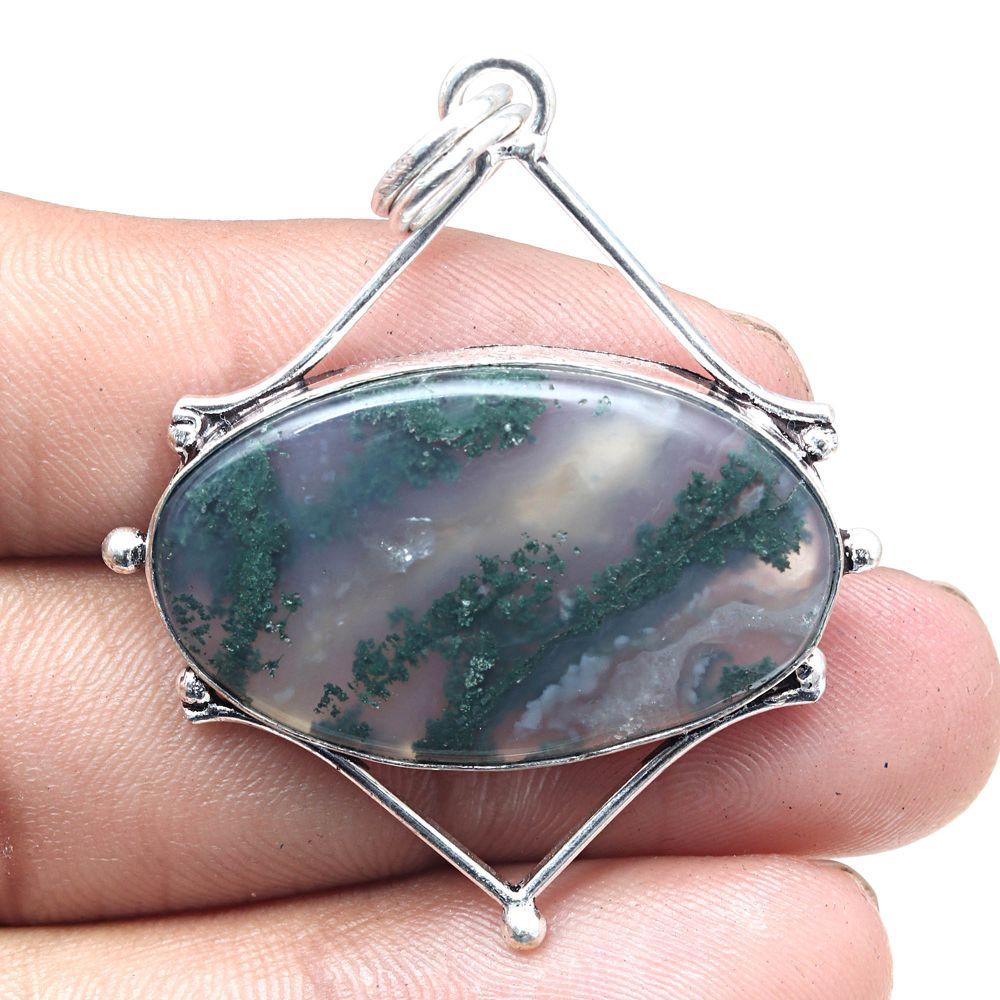 Necklace Moss Agate Gemstone Handmade Antique Silver Jewelry 2"