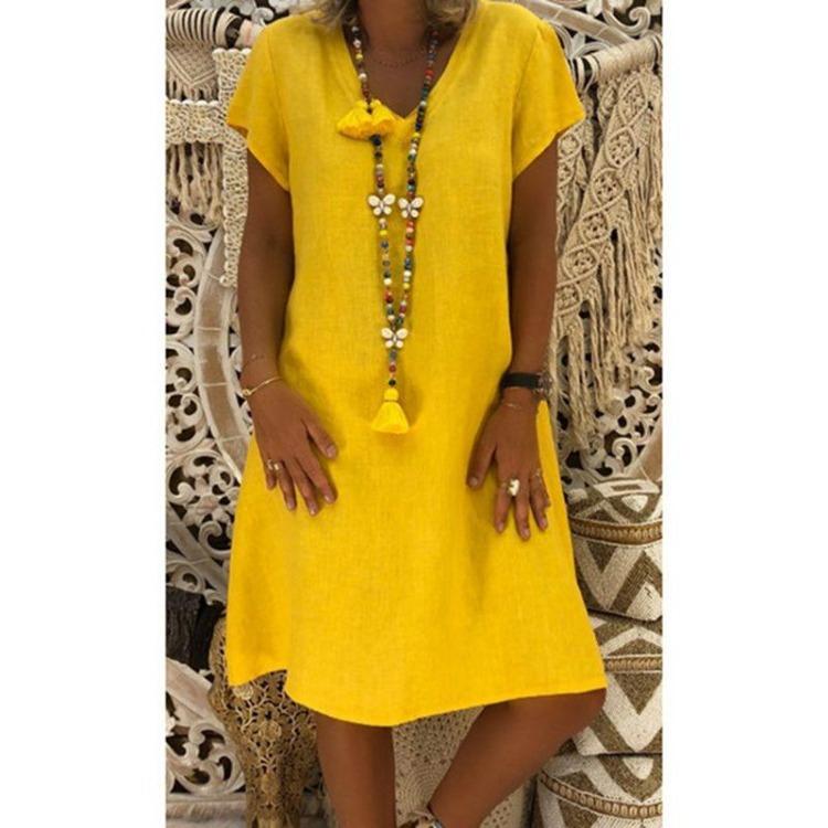 V Neck Short Sleeve Summer Dress Women Solid Color Cotton Linen 2023 European American Fashion
