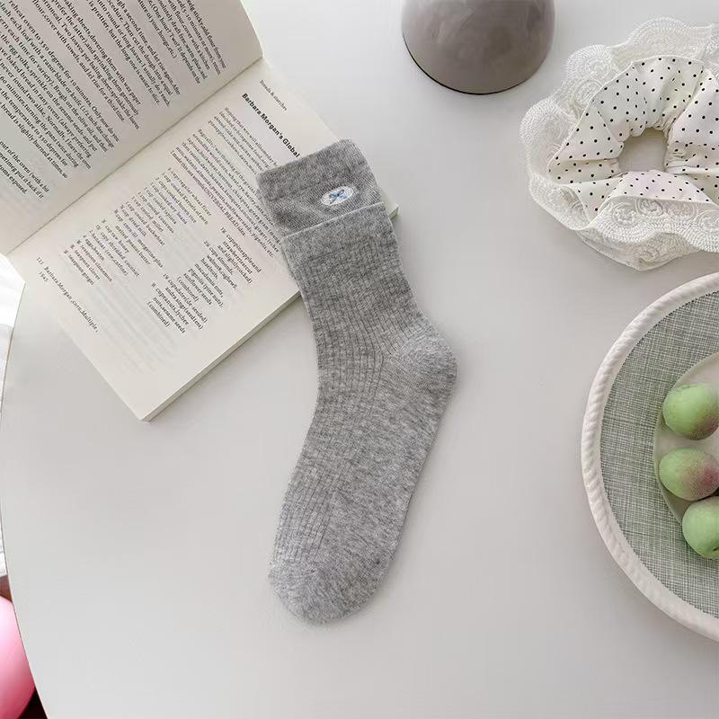 Women s Ballet-Style Mid-Calf Cotton Socks, Spring/Summer Collection, White with Cute Bow Embroidery, Miu Style. One Size