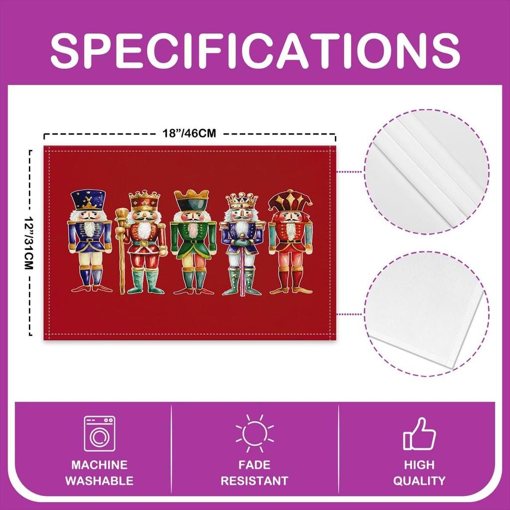 Cartoon Nutcracker Placemats Set of 4 18"x12" Kids Christmas Table Place Mats for Boys Girls Teens Nutcracker Suite Placemat