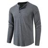 European and American Style Men’s Solid Waffle Henley Shirt Long Sleeve T-shirt Buttoned Round Neck Top