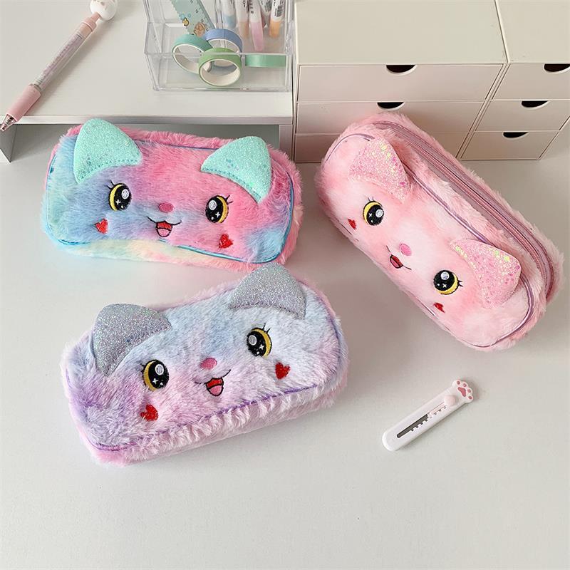 Cute Big Eyes Cat Animals Plush Pencil Cases Large Capacity Cosmetic Bags Portable Travel Storage Bag Student Stationery Gifts