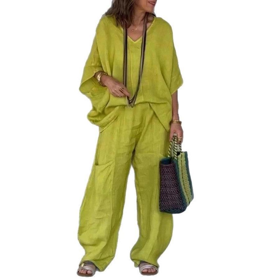 New Women's Casual V-Neck Loose Pocket Sleeveless Cotton Linen Set