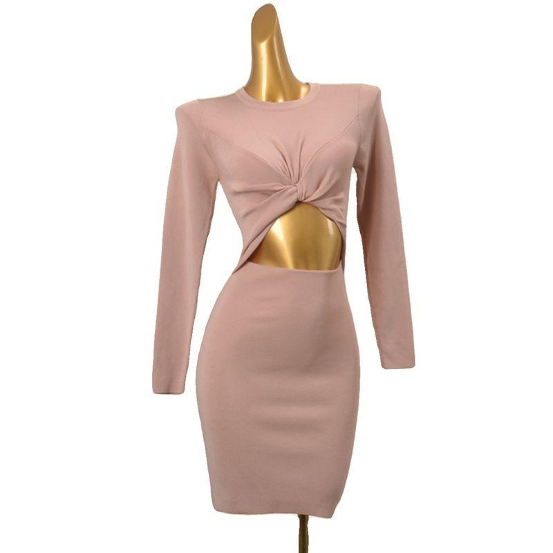 Spanish Brand Sexy Bare Midriff Slim Fit Sexy Bodycon Dress Fashion Wind Pure Color Twist Long Sleeves Knitting Dress
