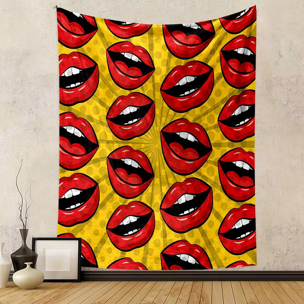 "Pop Art Red Lips on Yellow Pattern" Patterned tapestry home decor, suitable for bedroom and living room, gift