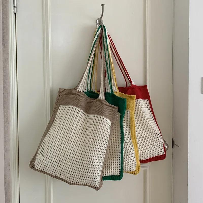 Simple Women's Vacati Beach Shoulder Bag Hollow Knitted Female Travel Tote Handbags Ctrast Color Portable Shopping Bags