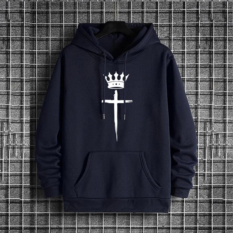 2025 Streetwear Fashion Cross Crown Printed Hooded Sweatshirt Male Trendy Casual Hoody Pullover Urban Outwear Mens Hoodies