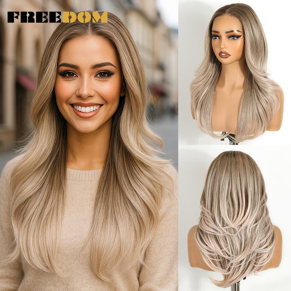 FREEDOM Layered Synthetic Lace Front Wigs For Women 20 Inch Ombre Blonde Wavy 6X4 Pre Plucked Wear And Go Glueless Lace Wigs